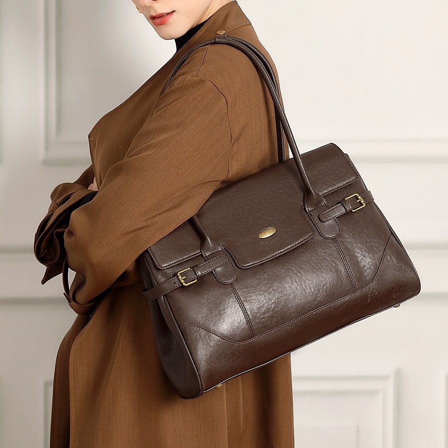 Simple top-grain cowhide genuine leather large capacity bag 2025 commuter retro handbag fashion shoulder bag underarm tote bag