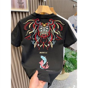 Summer 2024 new national fashion short-sleeved T-shirt men's ethnic style embroidered round neck bottoming shirt all-matching T-shirt top