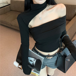 Design Asymmetrical Style Short Top T-Shirt Shoulder Black Hollow-out Slim-fit Hot Girls Slim Neck