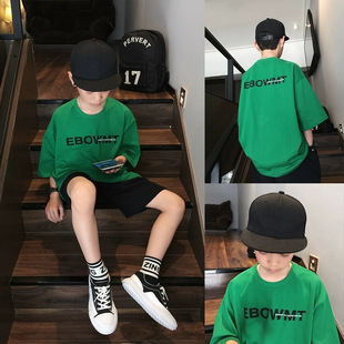 Boys' Teenager T-shirt Contrasting Color Letter Solid Color Simple Children's Hip-Hop Street Dance Children's Wear Large Children's Short-Sleeved Top