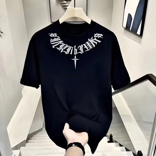 Тяжелый прилив из хлопка с принтом мужская футболка с короткими рукавами 2024 новая летняя мода повседневная футболка с круглым вырезом