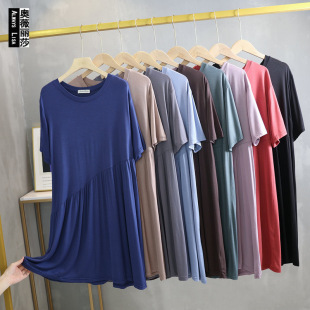 Modal Dress Women's Summer 2023 Extra Large Size Round Neck Beveled Pleated Skirt Thin Loose Short-Sleeved Long Dress