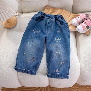 Girls Autumn Korean Style Sweatshirt Set New Cartoon Rabbit Top Wide Leg Embroidered Puppy Jeans 65118