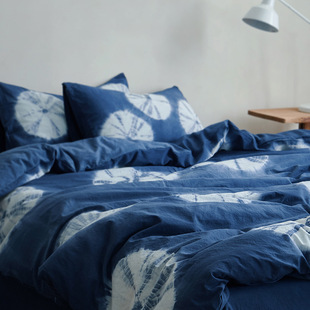 Chinese Style Plant Tie-Dye Craft Four-Piece Set Simple Blue Plaid Cotton Quilt Cover Bed Sheet Skin-Friendly Bed