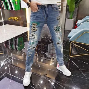 Trendy Brand Internet Celebrant Bear Printed Jeans Men's 2024 Autumn and Winter Fashionable Korean Style Slim-fit Skinny Long Pants