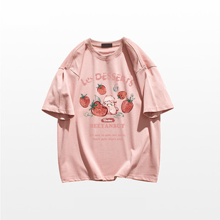 Cotton Pink Short-sleeved T-shirt Women's Summer Hong Kong Style chic Retro Loose Niche Design Sense Rabbit Half-sleeved Top