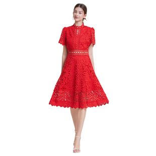 2025 sexy A- line skirt cross-border French socialite spring and summer short sleeve fashion waist hollow design dress