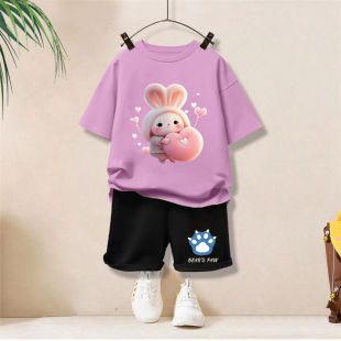 Girls' Cotton Suit 2023 Summer New Style Korean Style Short-sleeved Shorts Loose Baby Two-piece Set
