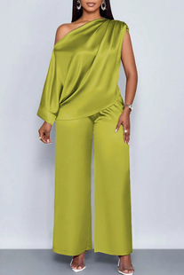 2025 European and American Cross-Border Independent Station Summer Casual Women's Satin Suit Slope Collar Short-Sleeved Top + Pants Suit
