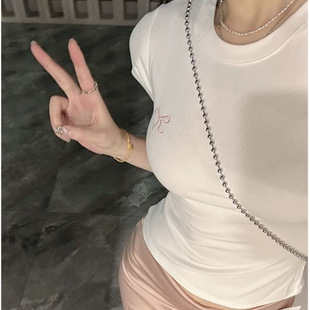 Ins Pure Embroidery Summer Slim-fit Short-sleeved T-shirt Women's Korean Bow Round Neck Contrast Color Base Top Women's Wholesale