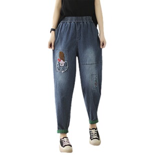Real shot 2023 new elastic thin Denim embroidered washed cropped pants ethnic style harem jeans for women