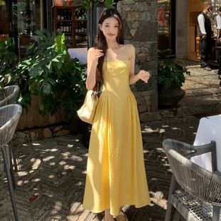 Summer New Arrival French Style Small Men's Yellow Sling dress Women's Wear Waist Elegant Long Dress Seaside Vacation Skirt