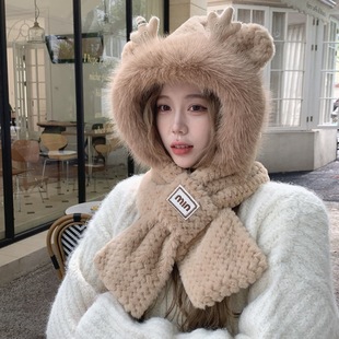 Hat Women's 2024 New Autumn and Winter Scarf One-piece Hooded Cute Longbao Thickened Warm Hat Riding Ear Protection Hat