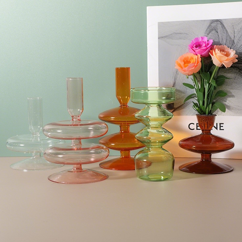 Vintage glass candlestick colorful special-shaped glass vase crafts irregular flower arrangement candle base desktop decoration