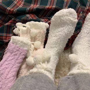 Autumn and Winter Cute Fur Ball Coral Fleece Socks Women's fleece-lined Warm Girl's Home Sleeping Floor Socks Cold-proof All-match Socks