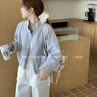 Spring and Autumn Coat Women's Station Design Sense Cuff Stitching Striped Stand Collar Baseball Suit Short Coat Women's 2025 Spring New