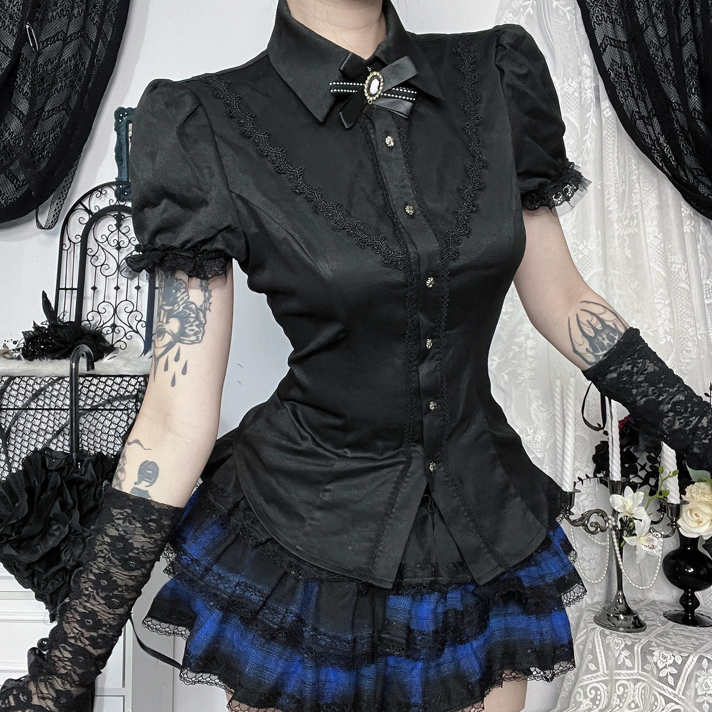 Xs25165 New Summer Style Dark Academia Style Top with Puff Sleeves, Lace Bow, Waist-Cinching Hot Girl Shirt for Women