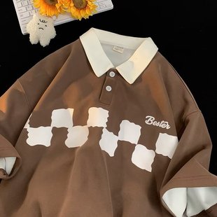 Футболка с коротким рукавом Polo с воротником для мужчин летом Trend решетка лацкана свободная одежда прилив повседневная футболка с половинным рукавом