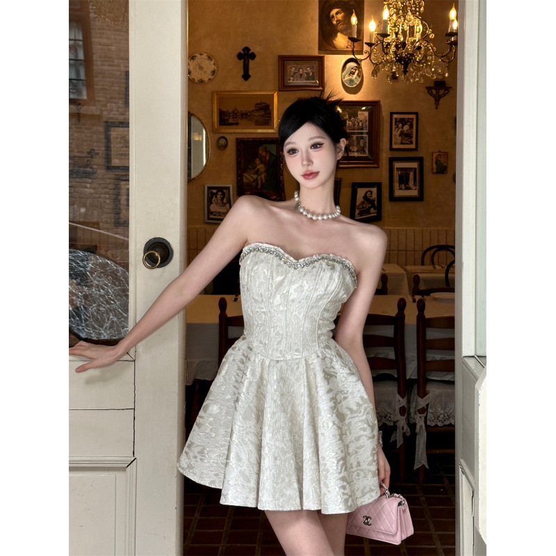 Niche Design Fishbone Bustier Waist-Cinching Slimming Elegant Short Dress