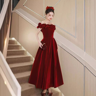 wine red off-shoulder evening gown bridal engagement gown women's elegant high-end dress toast