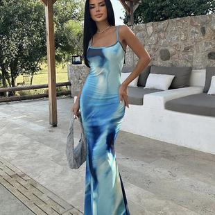 2024 European and American style sexy hot girl Women's printed strap slim dress beach dress cross-border foreign trade