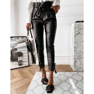 Europe and the United States cross-border autumn and winter lace-up pants 2021 New AliExpress Amazon PU leather pants independent station women's pants