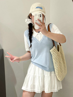 plus size Age-reducing College Style Fake Two-piece Top Women's POLO Shirt 2025 Summer chubby girl Knitted Short-sleeved T-shirt 23028