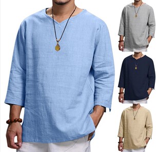 2022 AliExpress New Foreign Trade Jacket Amazon Men's Long Sleeve V-Neck Cotton Linen Loose Shirt