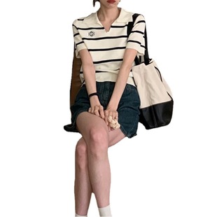 Embroidered Lapel Striped Sweater Short-sleeved T-shirt Women's Summer New Korean-style Loose Casual All-match Top for Women