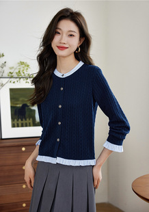 Hee World Contrast Color Fake Two-piece Wool Knitted Sweater Women's 2024 Spring New Slimming Short Cardigan Jacket