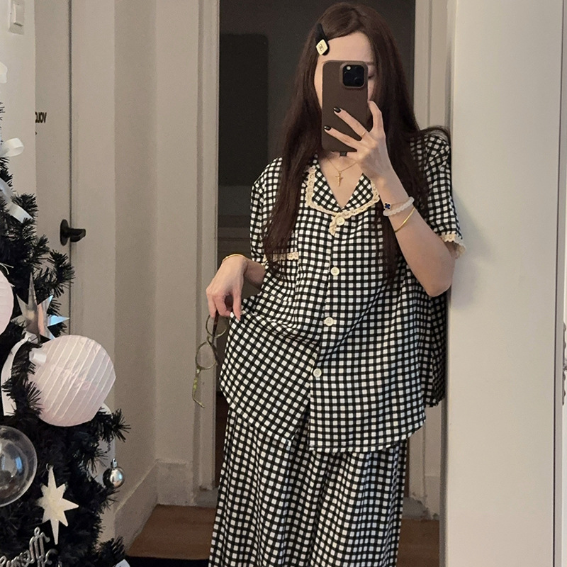 Korean Style Instagram Style Black Plaid Pajamas Women's Summer Short-sleeved Sweet Lace Student's Home Clothes suit Outer Wear