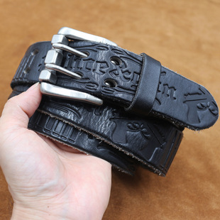 Bold Thick Double Pin Buckle Belt Men's Genuine Leather Pure Cowhide Top Layer Embossed Belt Vintage Casual Jeans Belt