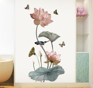 Factory direct wholesale paper bedroom bedside living room porch corridor Lotus wall stickers self-adhesive decorative painting GS9382