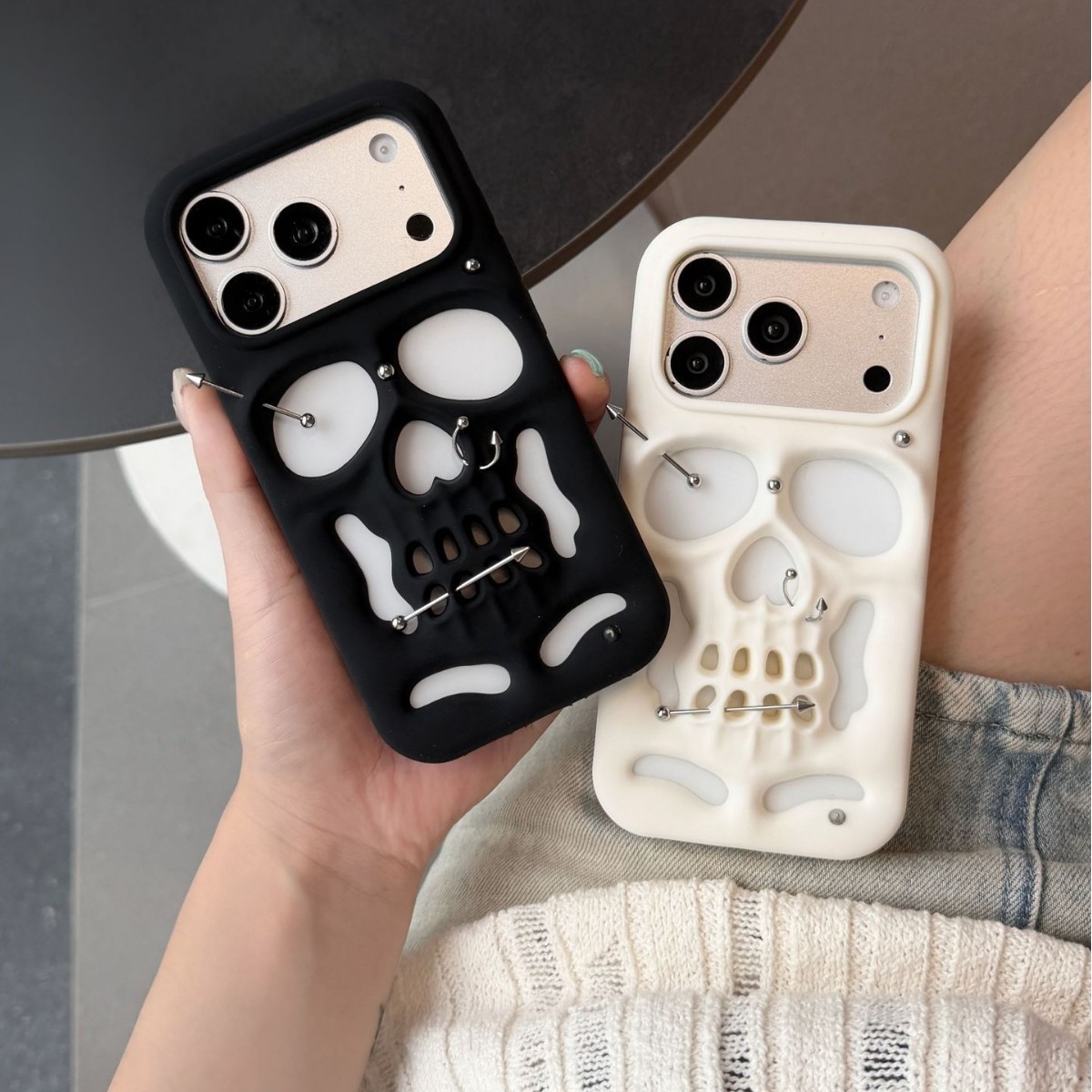 Halloween Hollow-Out Rivet Skull iPhone 16 Case Suitable for Apple 15/17/18 Pro Max Phone Case 13