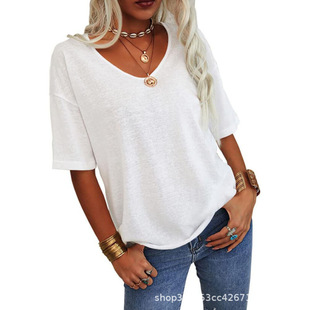 2024 Summer Amazon Ebay Hot Style European and American New Women's Short-Sleeved V Neck T-Shirt Tops Cross-Border Export