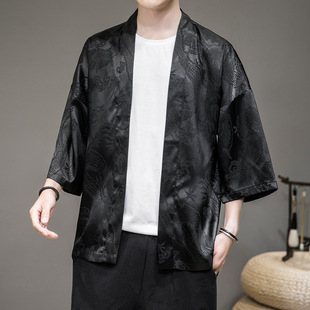 Summer Ultra-thin Ice Silk Breathable Sunscreen Clothes Men's Chinese-style Loose Antique Hanfu Dragon Robe Men's Taoist Robe Cardigan
