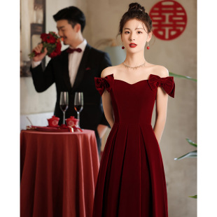Toast Dress Bride 2025 New wine red Wedding Engagement Dress Women's Small Back Door dress Shoulder