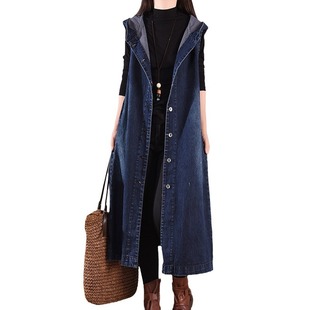 2024 Autumn New plus size Loose Long Denim Sleeveless Hooded Vest for Women