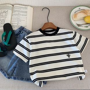 Boys Short-sleeved T-shirt 2025 Summer New Children's Personalized Casual Striped Handsome All-match Top Trendy Pullover