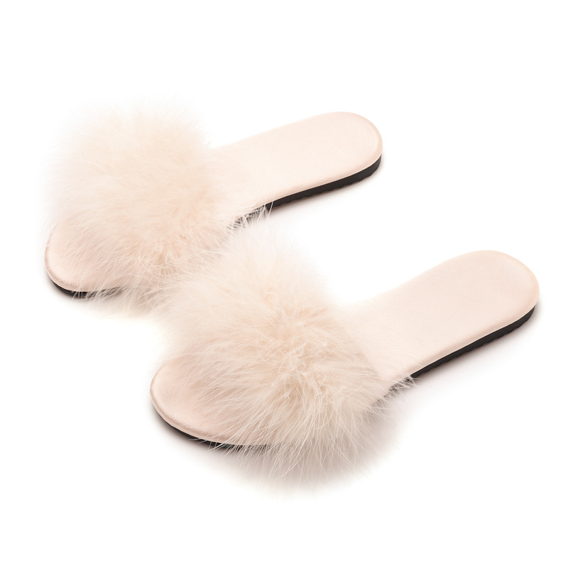 New style of fluffy women's slippers, perfect for weddings and bridesmaids, featuring a low heel and feather design.