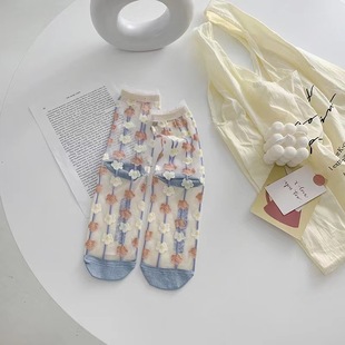 Crystal stockings women's spring and summer ins fashionable thin cotton socks bottom transparent Japanese sweet glass silk mid-calf length socks summer