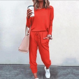 Solid Color Loose Casual suit Women's 2024 Foreign Trade Spring and Autumn New Round Neck Long Sleeve Hallen Pants Two-piece Set