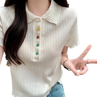 Real price real shot# green doll collar color button short sleeve sweater women's summer slim slim short top