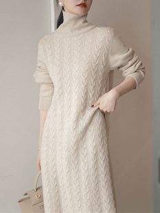 2023 autumn and winter New lace-up turtleneck knitted dress mid-length Korean style over-the-knee slimming bottoming sweater dress for women