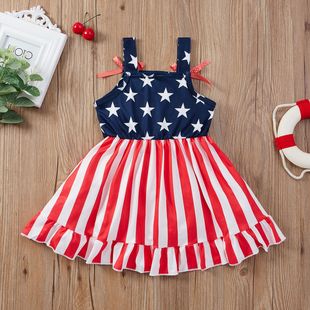 Baosheng Children's Wear Cross-border US Independence Day Holiday Strap Bow Dress Amazon ins Factory