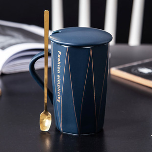 Simple Ceramic Cup with Lid and Spoon Office Coffee Cup Gift Box Geometric Mug Fixed Print Logo Business Advertising Cup