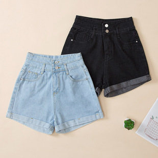 Summer 2023 New High Waist Wide Leg Denim Shorts Women Loose Slim A- line Curled Hot Pants Women's Wholesale