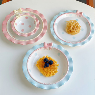 Ceramic dessert plate household tableware salad bowl hand painted Korean ins fruit plate 8-inch disc cute bow female