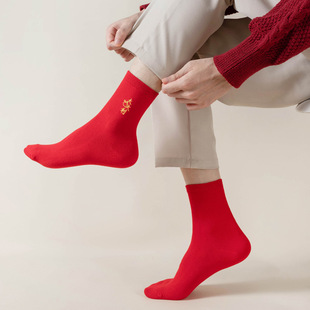 2025 New Year's Socks Combed Cotton Benmingnian Big Red Medium Socks for Men and Women All Seasons Red Socks