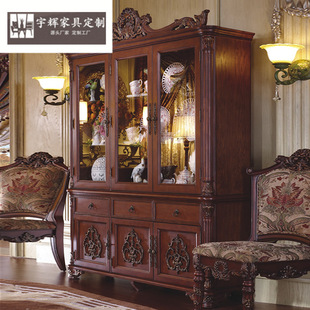 American Style Solid Wood Wine Cabinet Storage Cabinet Luxury European Style Carved Solid Wood Decorative Cabinet Glass Display Cabinet